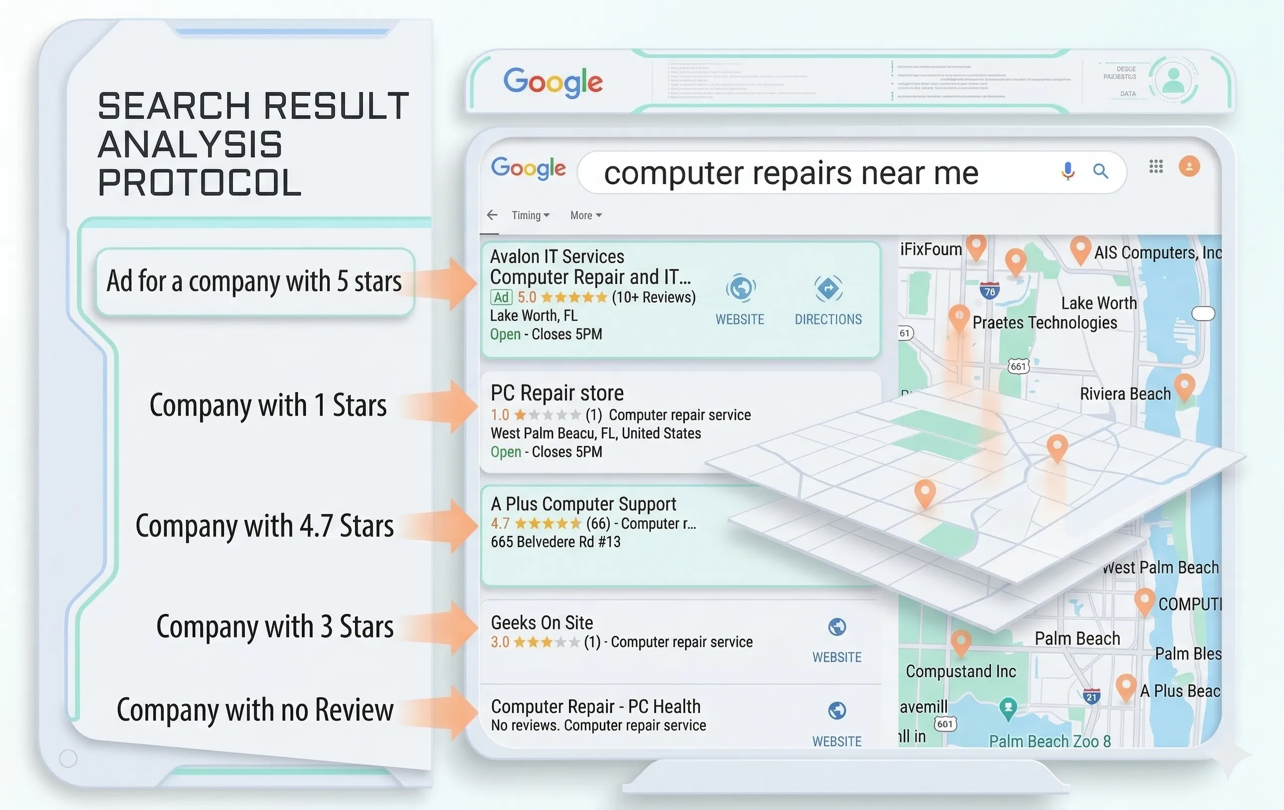 Google search results showing how star ratings affect which businesses customers choose