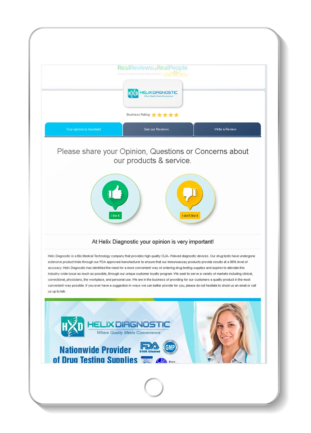 Custom customer review welcome page